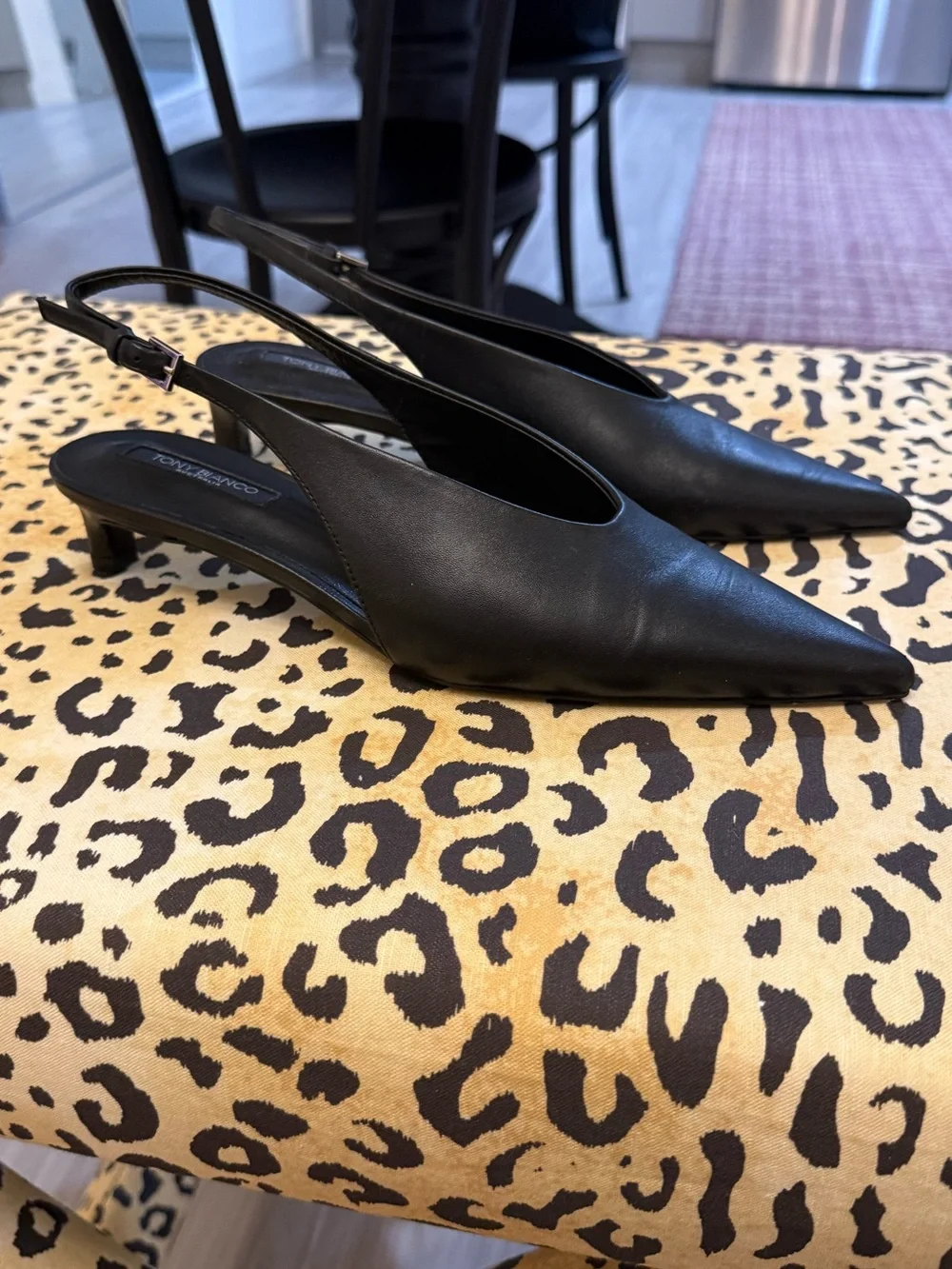 Tony Bianco Leather Black Pointed Slingback Kitten Heels